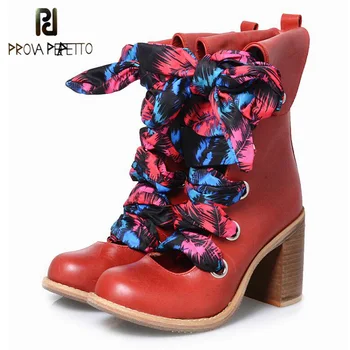 

Prova Perfetto Vintage Red Women Ankle Boots Genuine Leather Hollow Out Booties Autumn Lace Up Botas High Heel Boots Mujer