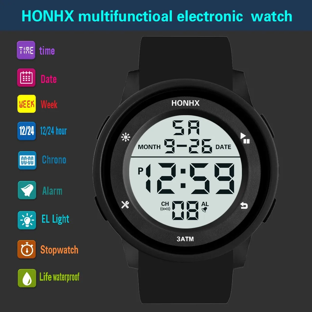 HONHX цифровые часы водонепроницаемые повседневные для мужчин ЖК секундомер Дата светящиеся ПВХ Группа электронные спортивные наручные часы Montre Homme 40