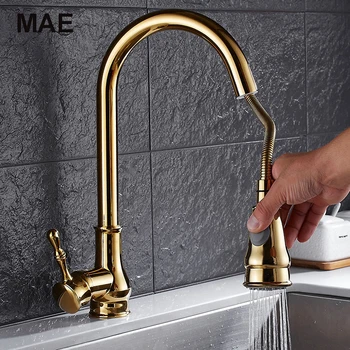 

Modern Faucet Luxury Brass Gold Kitchen Faucet Rotatable Mixer Tap Single Sharp Handle Single Hole Hot&Cold Water robinet