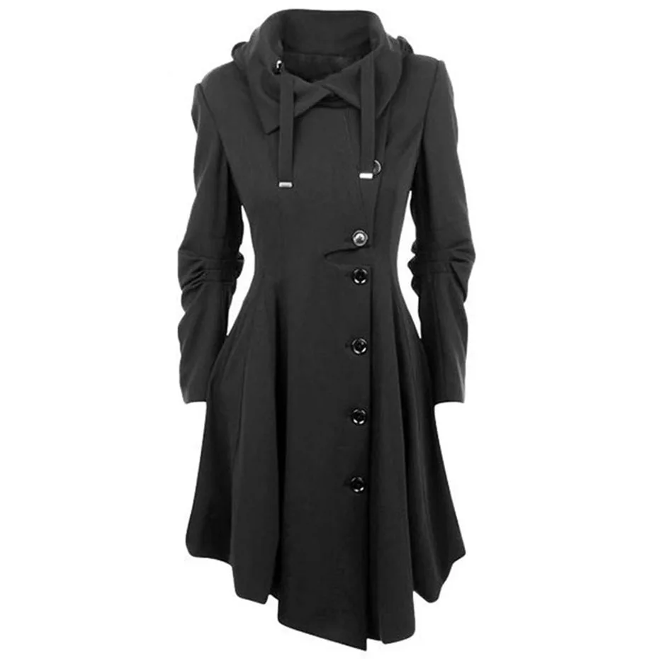2020 Gothic Long Trench Coat Black Slim Asymmetric Lapel Collar Button Elegant Autumn Winter Vintage Goth Overcoat Outwears | Женская