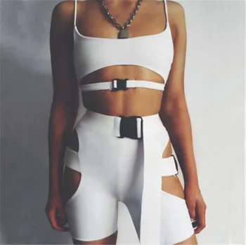 

Women Fitness Workout Tracksuits Solid Ladies 2 Pieces Buckle Elastic Suit Hollow out Sling Crop tops Shorts High waist Clothing