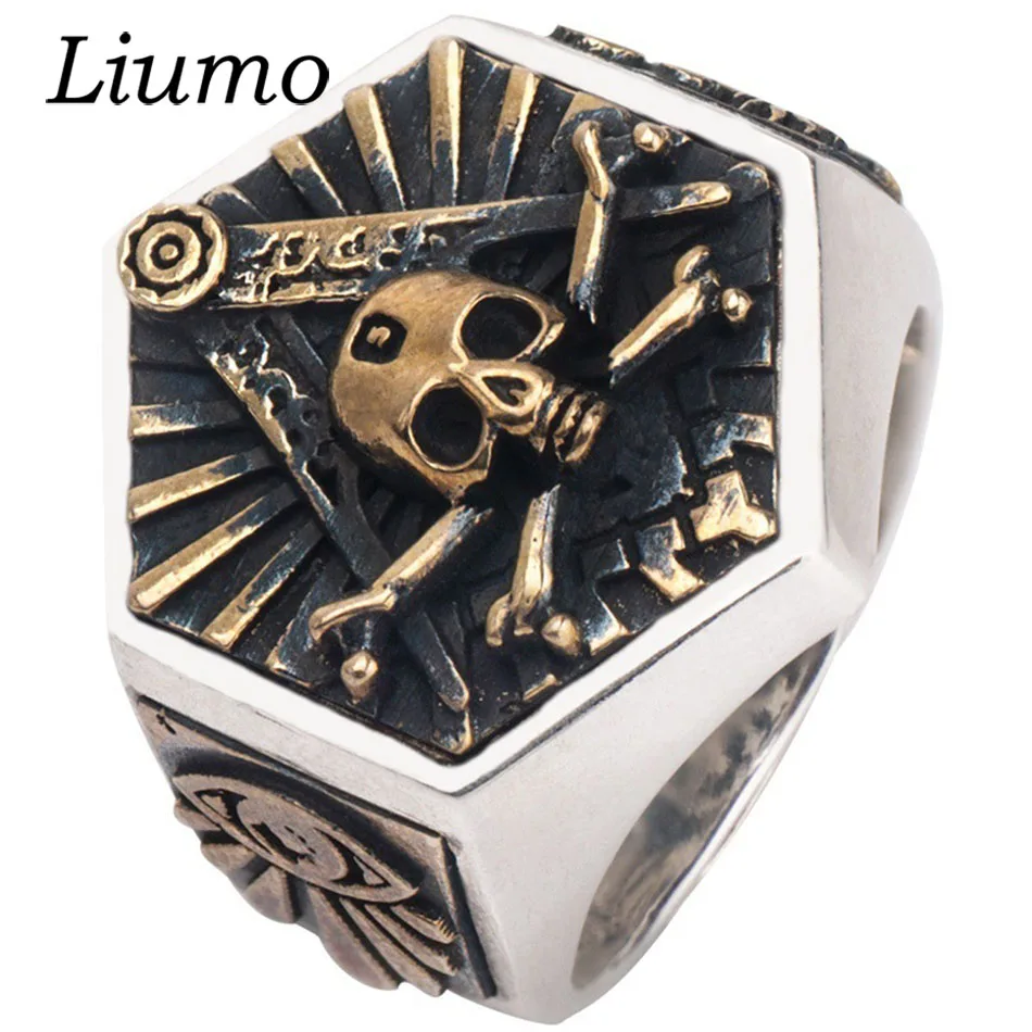 

Liumo Vintage Punk Style Gold Color Skull Masonic Eye of God Man Zinc Alloy Biker Ring Lr1053