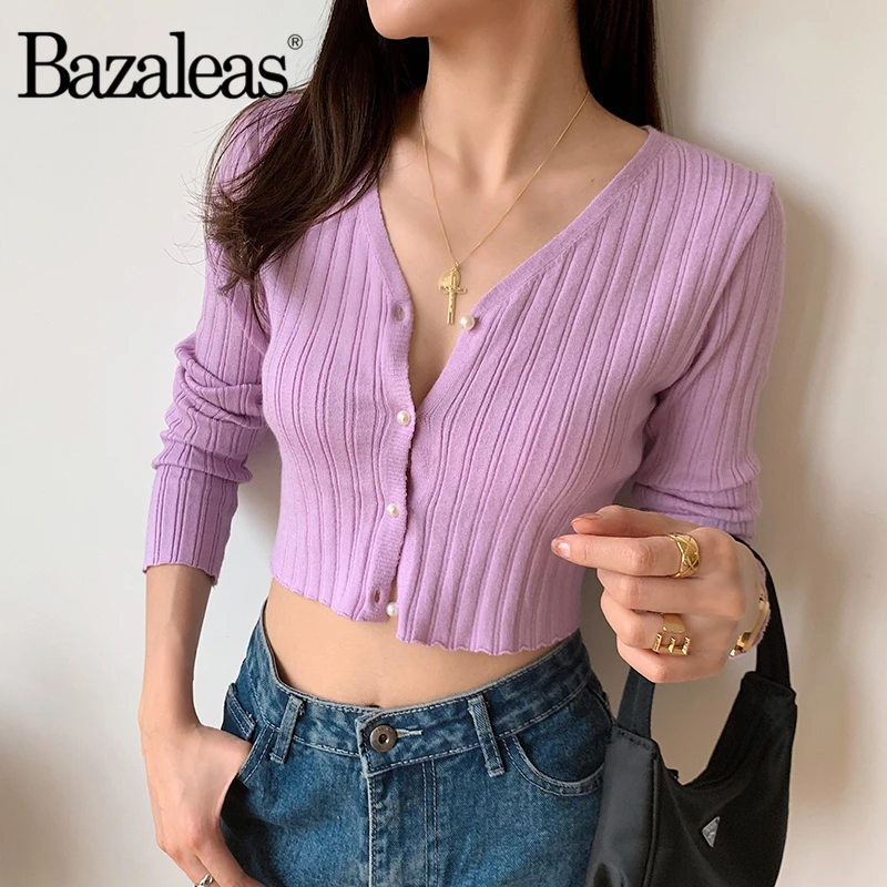 Bazaleas Винтаж pull femme фиолетовый кардиган свитер ретро шик женский свитер жемчужные пуговицы вязаный дропшиппинг