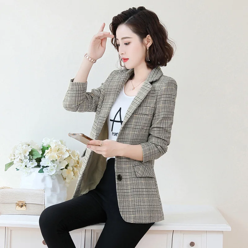 

Plaid Suit Women's Small Suit Coat Women's Mid-length 2019 New Style Spring And Autumn Slim Fit Slimming Long-sleeved Upper Garm