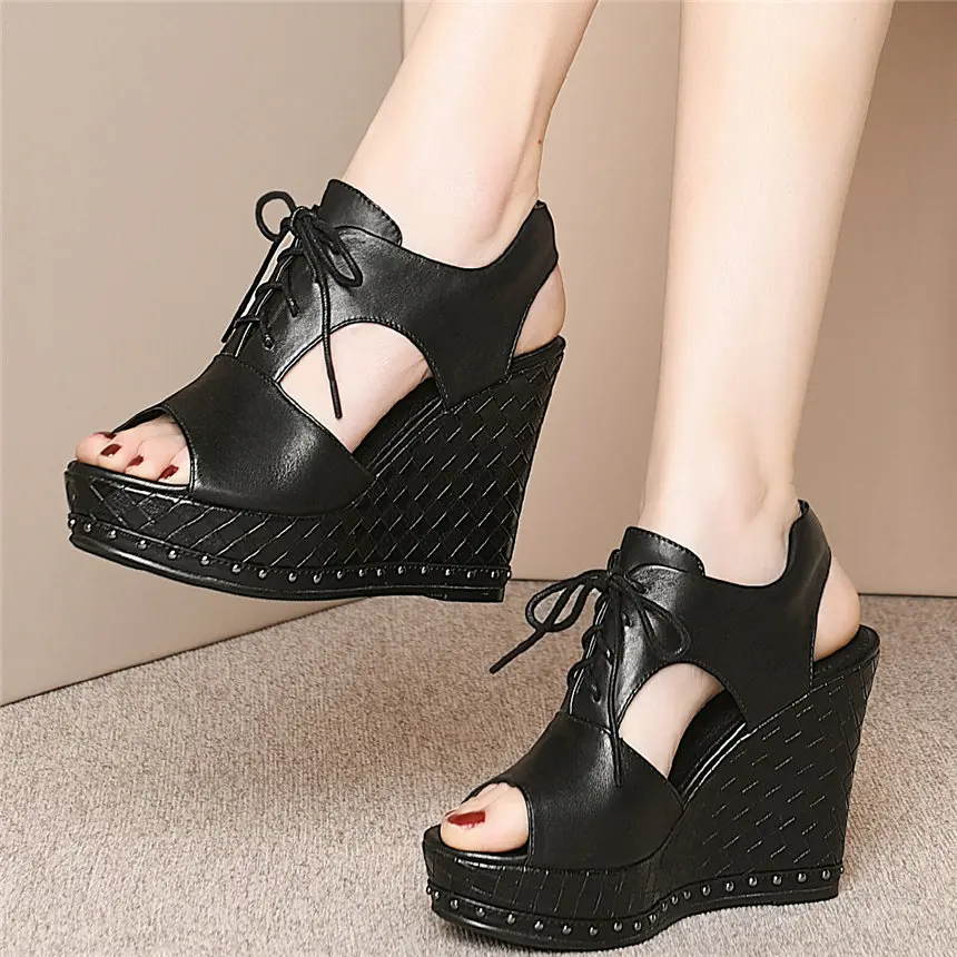 

Fashion Sneakers Women Lace Up Cow Leather Platform Wedges High Heel Gladiator Roman Sandals Female Open Toe Summer Pumps Shoes
