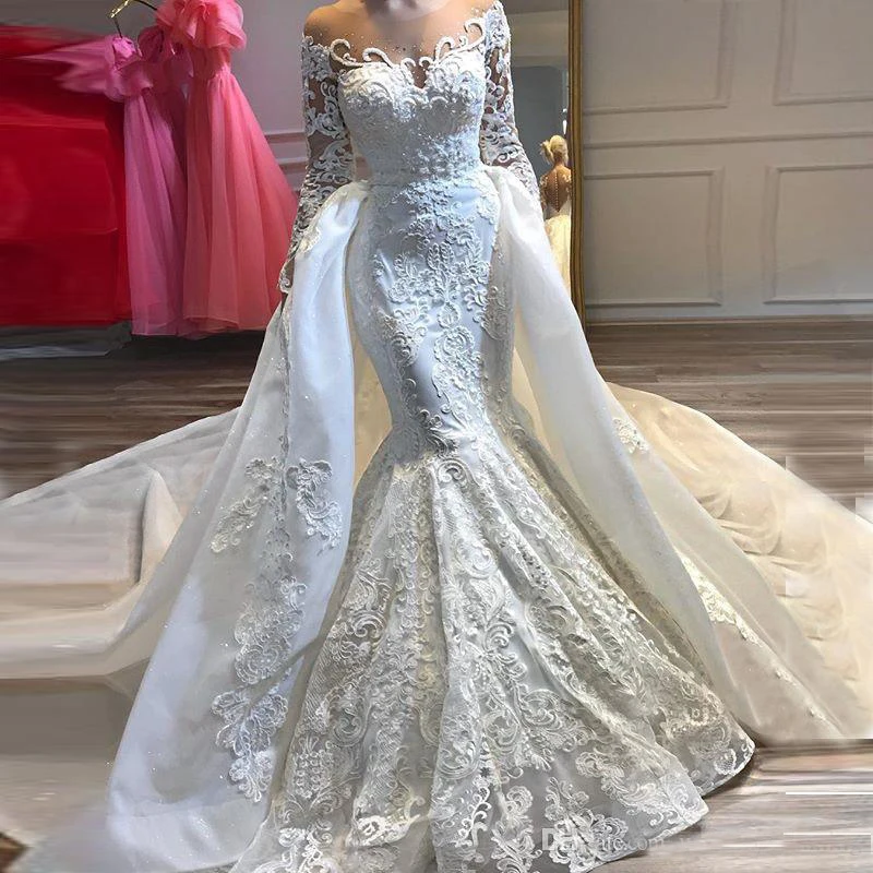 

2019 Sheer Neck Long Sleeve Mermaid Wedding Dresses Bridal Gowns Custom Made Lace Applique Detachable Tail Wedding Gowns