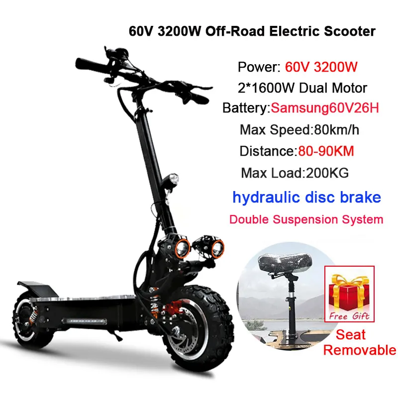 80 км/ч высокоскоростной Электрический скутер 60V3200W мощный мотор внедорожный складной электрический скутер электрический двигатель Adulto Patinete Electronico - Цвет: 3200W Samsung60V26AH