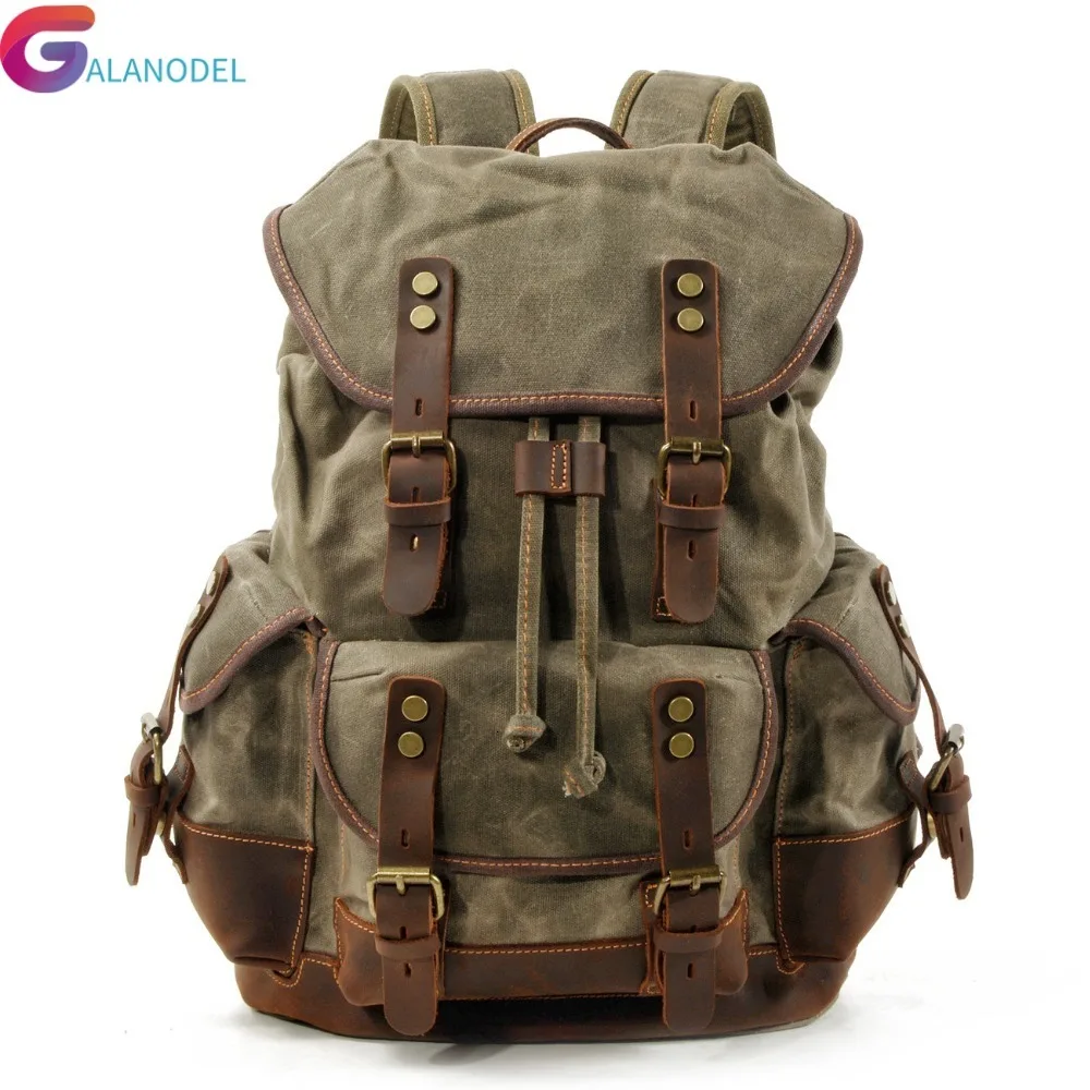 

Laptop Vintage Canvas Leather Backpacks for Men M272 Daypacks Waterproof Canvas Rucksacks Large Waxed Mountaineering Travel Pack