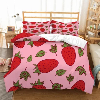 

Girls Bedding Set Soft Fruit Bed Linen Set with Pillowcase Red Strawberry Bedspread Single Double King Queen Duvet Cover Set