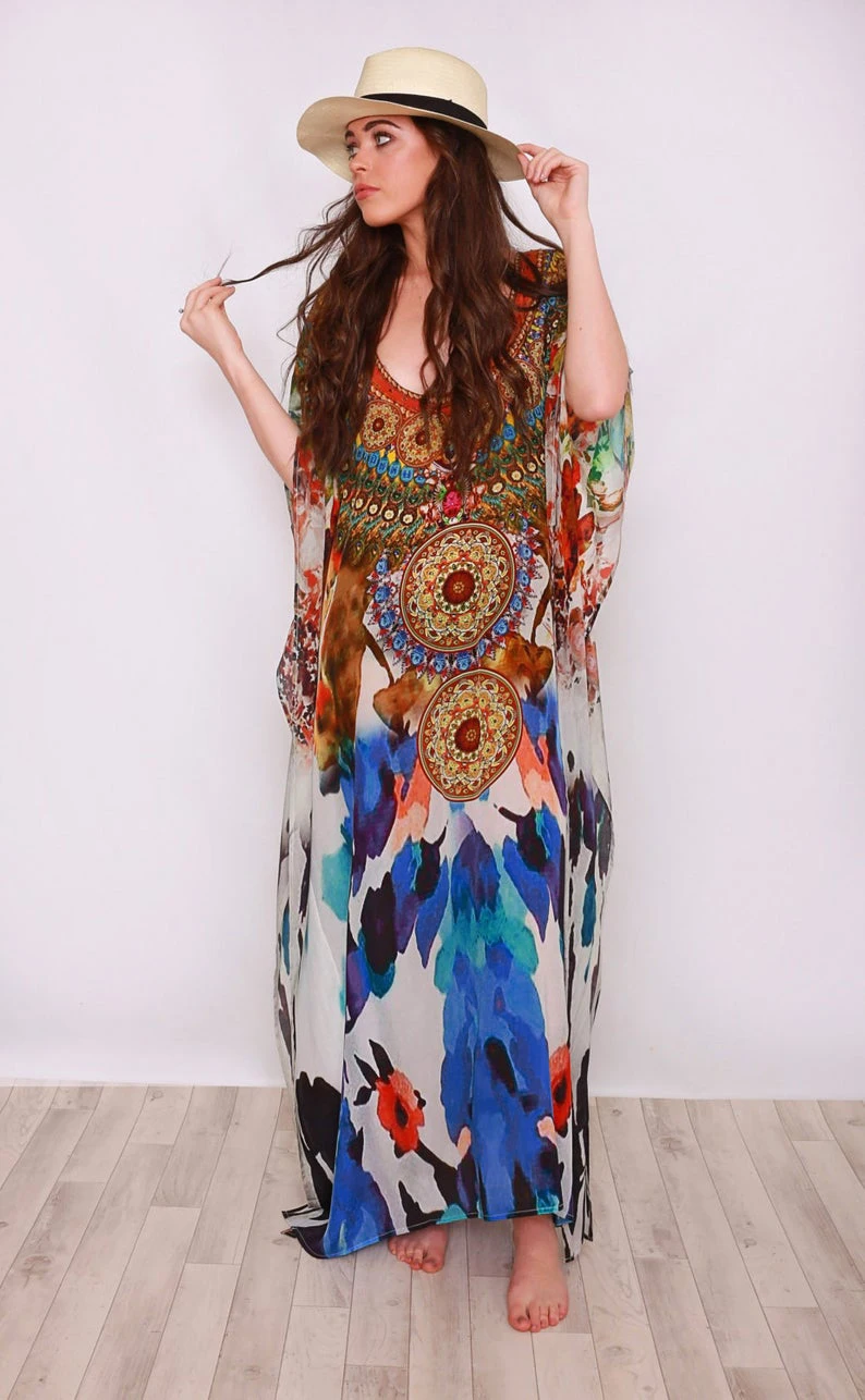 bikini cover up dress Boho Quick-drying Long Kaftan Bikini Cover-ups Retro Plus Size Summer Dress Women Clothing Beach Wear Swim Suit Cover Up Q831 swim skirt cover up no brief