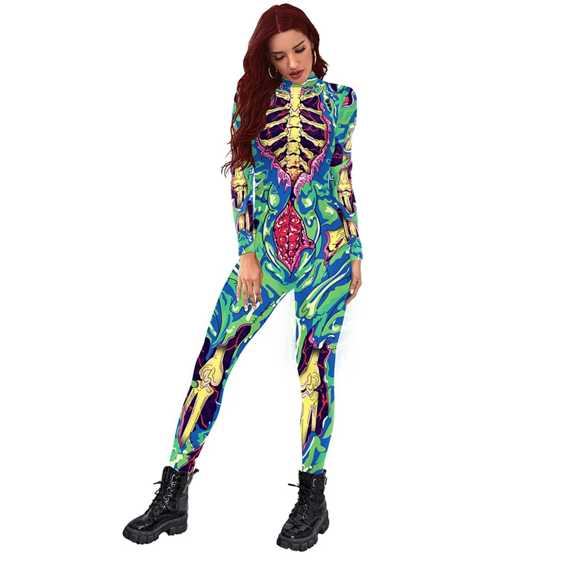 Zombie Costume Skeleton Halloween Costumes for Women Adult Green Bodysuit Plus Size Scary Sexy Bodysuit Carnival Party