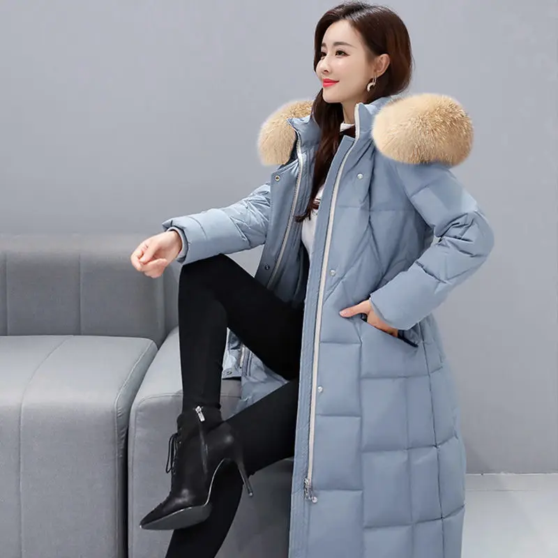 Female Down Padded Jacket 2024 New Fashion Slim Big Fur Collar Mid-length Thick Winter