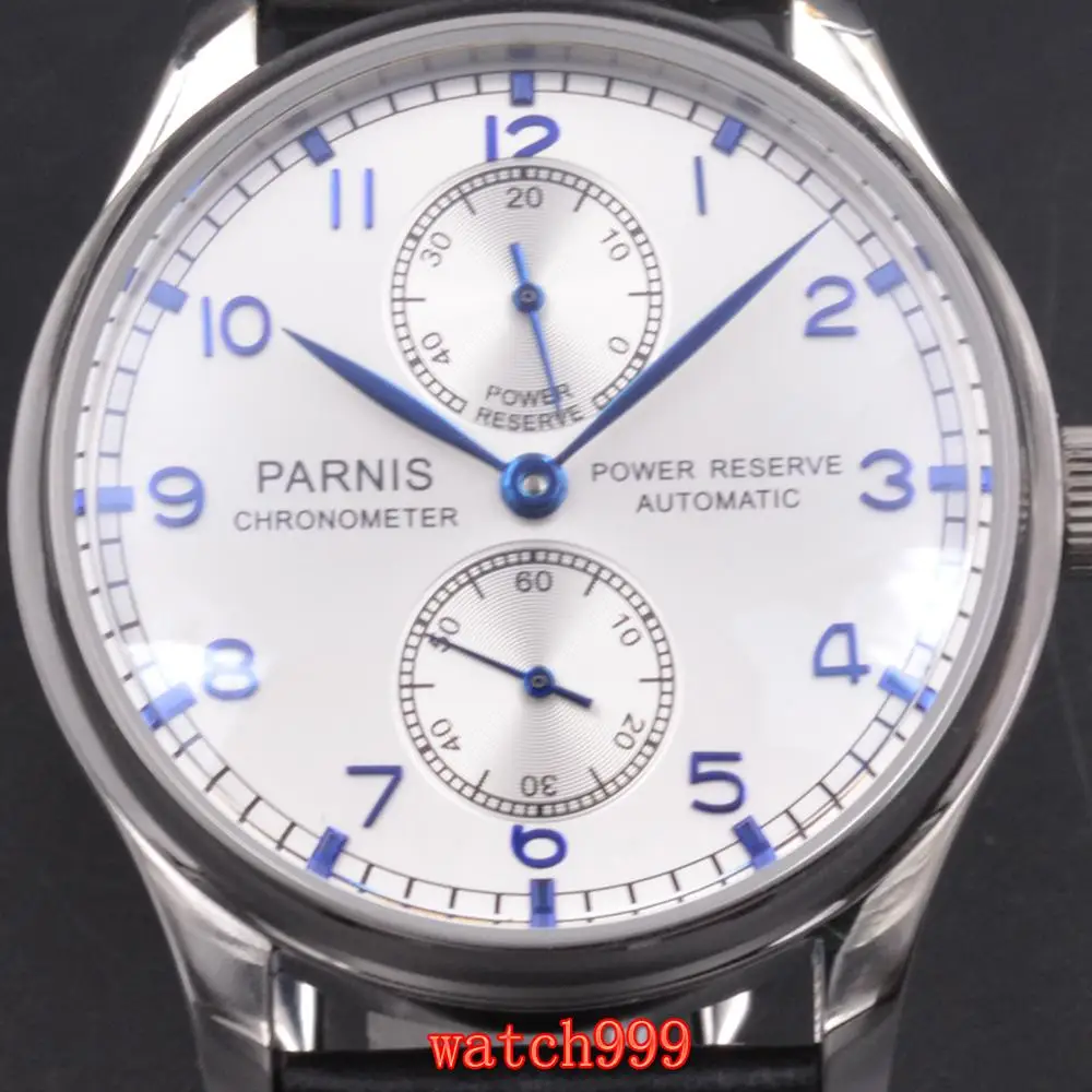 

PARNIS 43 mm white dial SS power reserve ST 2542 automatic men's casual watch leather strap waterproof mechanical watch