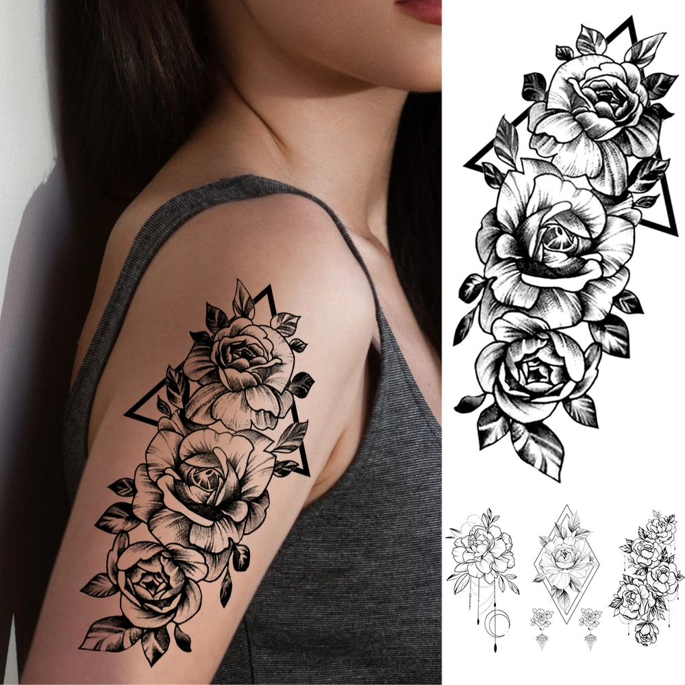 Pegatinas de tatuaje temporal a prueba de agua Flor de peonía corona  geométrica tatuajes Flash línea minimalista femenina arte corporal tatuaje  falso|Tatuajes temporales| - AliExpress