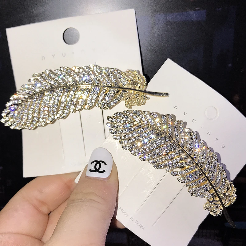 

New Light Luxury Hair Accessories Korean Style Hairpins Rhinestone Shiny Crystal Feather Spring Clip Gorgeous Women Girls