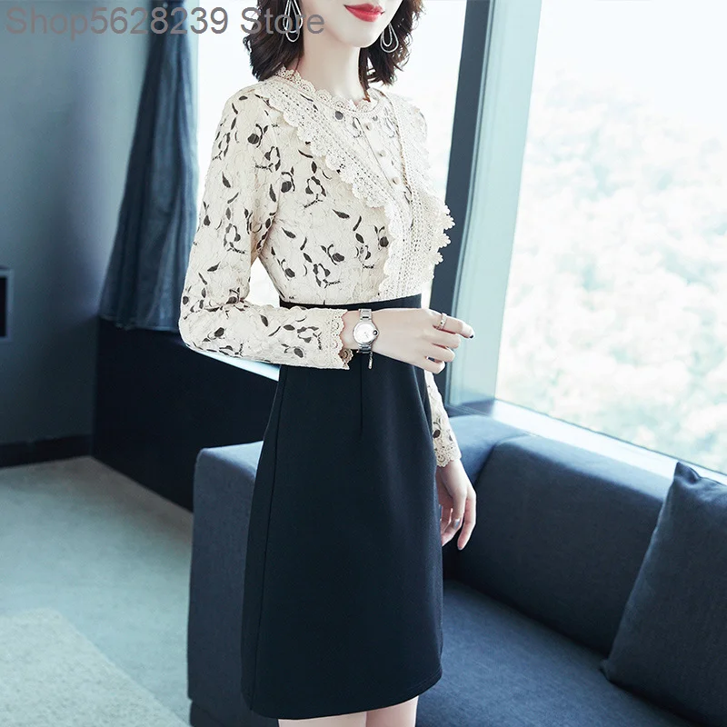 

Lace Splicing Dress 2020 Women's Wear Round Neck Plus Velvet Thicken Medium Length Money Backing Skirt