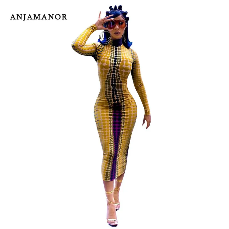 

ANJAMANOR Pokla Dot Print High Neck Long Sleeve Bodycon Dress Vintage Sexy Club Dresses for Women Autumn Robe 2019 D89-AE11