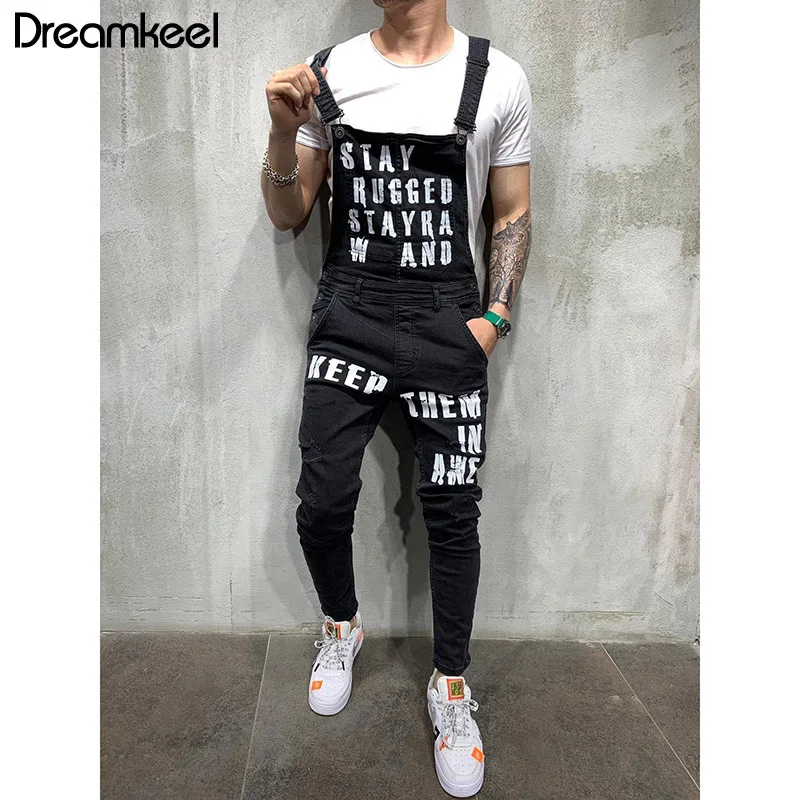 

Jumpsuit for Male Streetwear Suspender Pants Men's Hole Pocket Jeans Overalls 2019 Letter Printed Jeans Plus Size Hip Hop Y