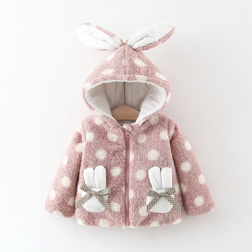 Baby Children Girl Winter Warm Loose Coat Zipper Bow Little Rabbit Pocket Rabbit Ear Hodded Dot Pattern Jacket Parkas Outwear#g4