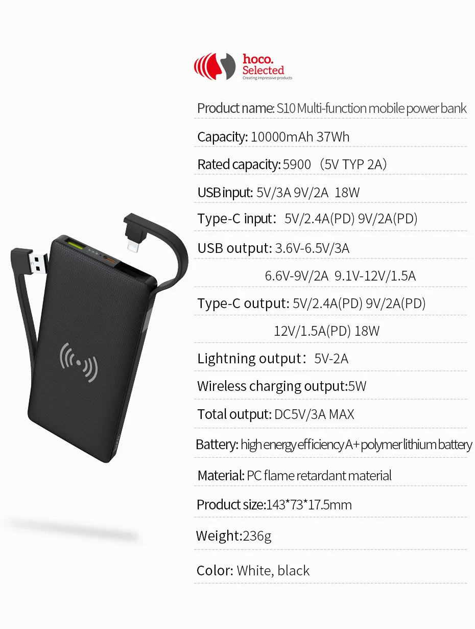 Hoco 3в1 QC3.0+ PD 18 Вт power Bank 10000 мА-ч, беспроводное зарядное устройство power bank с кабелем для iPhone X 11 Pro HUAWEI mate 30 быстрое зарядное устройство