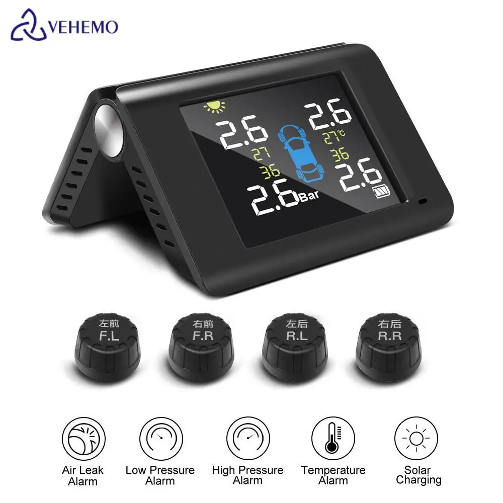 

VEHEMO TPMS all black 90 degree folding car tire pressure alarm monitor,tire pressure / temperature alarm, including 4pcs sensor