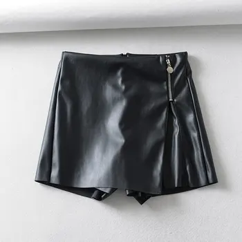 

women pu leather skirt 2019 fashion girls ladies asymmetrical black solid zipper female autumn winter cool causal shorts