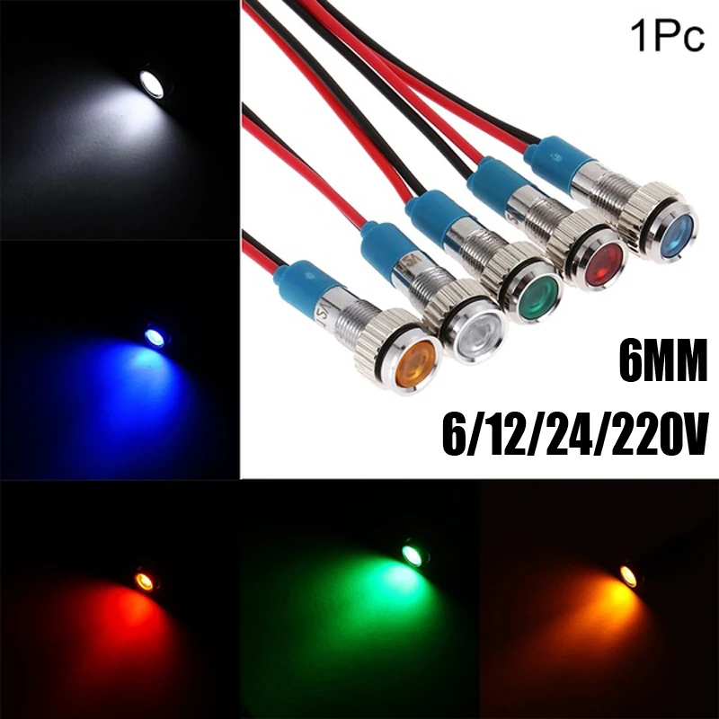 

6mm LED Metal Indicator Light Waterproof Signal Lamp 6V 12V 24V 220V with Wire Red Yellow Blue Green White Warning Light