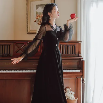 

WAVSIYIER women dress vintage lace party v neck lantern sleeve patchwork a-line 2020 spring summer vintage midi dress vestidos