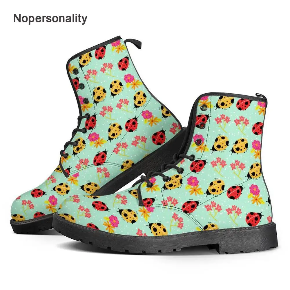 

Nopersonality Floral Ladybug Print Winter Ankle Boots Pu Leather Women Boots Work Shoes Round Toe Lace-Up Women Booties Female