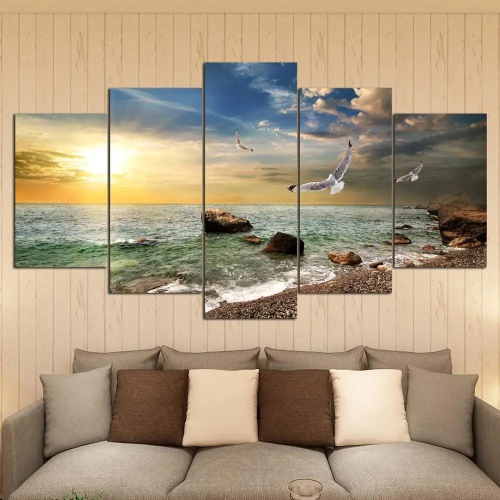 

Canvas Wall Art Pictures Frame Kitchen Restaurant Decor 5 Pieces Sunset Landscape Animal Seagull Beach Living Room Print Posters