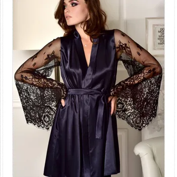 

Summer 2019 Sexy Women Lingerie Sleepwear Lace Mesh Dress Ladies Lace Long Sleeve Bathrobe Night Gown Robe