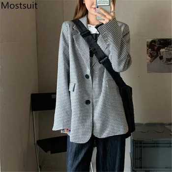

2020 Autumn Korean Houndstooth Women Blazer Jacket Splitting Sleeve Single-breasted Casual Fashion Coats Vintage Ladies Blazers
