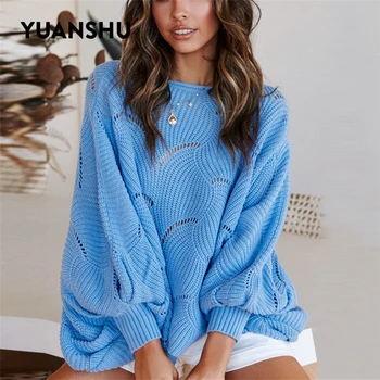 

YUANSHU Hook Flowers Knitted Jumper Women Autumn Large Size Pullover Bat Sleeve Oversized Irregular Casual Female Sweater
