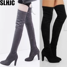 SLHJC сапоги на высоком каблуке; сезон весна-осень; высокие сапоги-лодочки выше колена; женская чулочная обувь с острым носком на квадратном каблуке; большие размеры