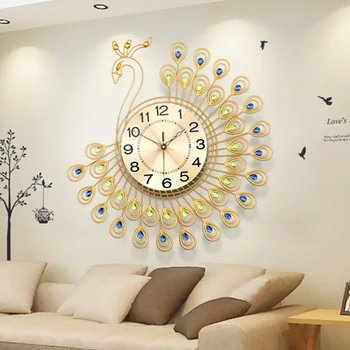 

Diamond Peacock Wall Clock 53x53cm 3D Large Gold Metal Watch for Home Office Living Room Decor DIY Clocks Crafts Gift Ornaments