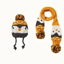 Новинка года; вязаная шапка ручной работы с рисунком пингвина и вязаный шарф для маленьких мальчиков и девочек