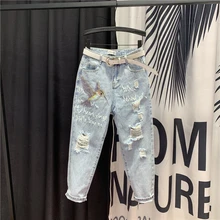 Новинка, европейские летние джинсы для женщин, тяжелая блестка для ногтей, принт с птицами и буквами, высокая талия, Harahara