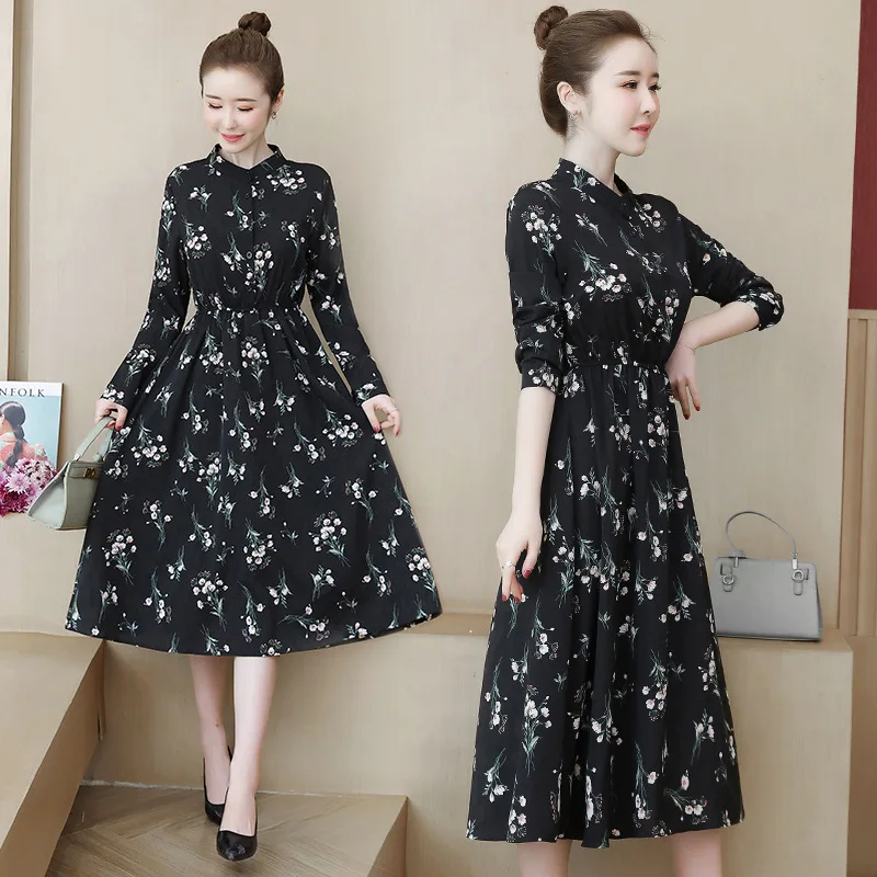 

2019 Autumn New Style Large Size Dress Fat Mm Floral-Print Chiffon Dress Korean-style by Age Waist Hugging Long Skirts Dress