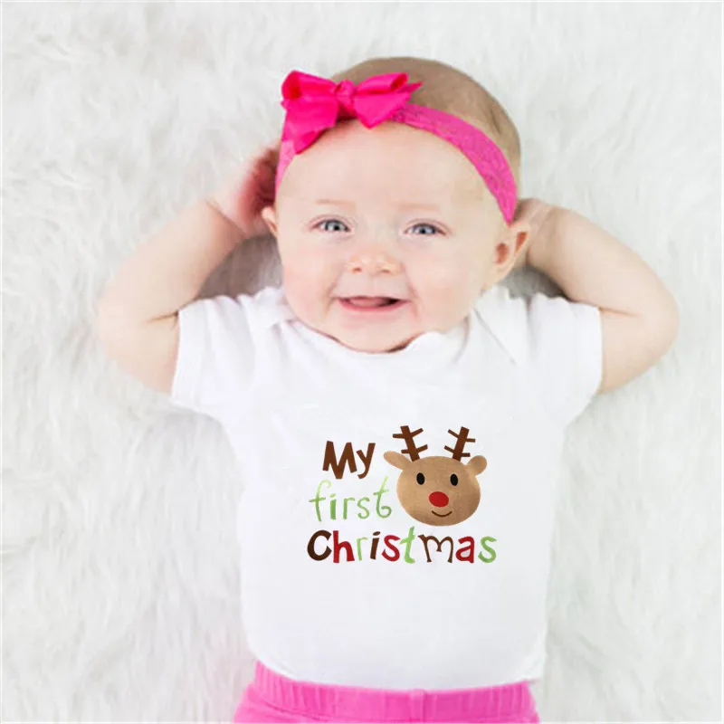 

Cute My First Christmas Baby Clothes Newborn Boys Girls Cotton Soft Rompers Short Sleeve White Baby Oneise Jumpsuit 0-18M