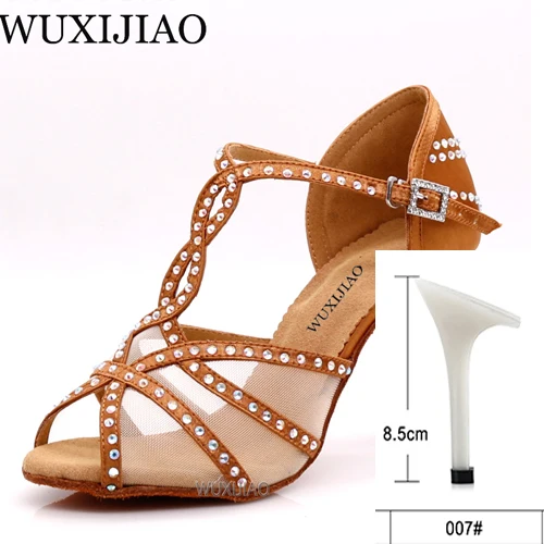 bronze heel 8.5cm WUXIJIAOLatin/танцевальная обувь; женская обувь для ужина; обувь для танцев из сатиновой сетки черного цвета; блестящие стразы; обувь для сальсы; Высокий каблук 9 см - Цвет: bronze heel 8.5cm