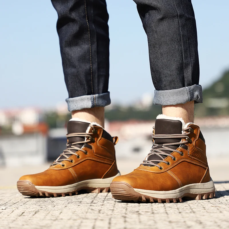 

CORK Men Boots Men Winter Shoes Plus Size 39-48 Warm Ankle Botas Hombre For Leather Winter Boots For Men Plush Winter Sneakers M