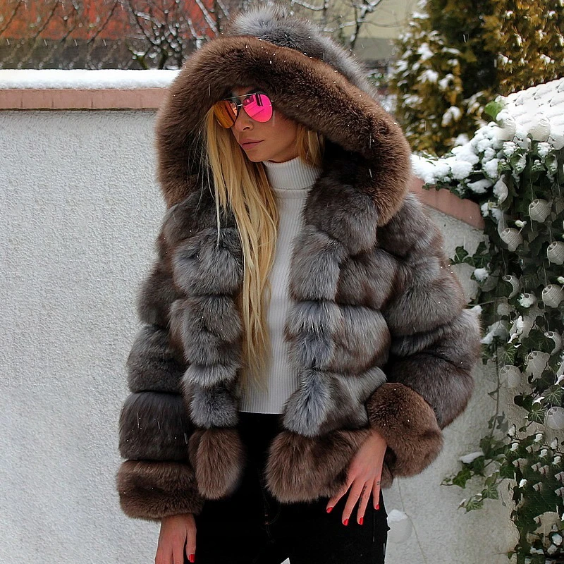 FURSARCAR Ombre Real Blue Fox Fur Winter Coat And Jacket For Women With Hood New Fashion Luxury Thick Warm Female Clothes