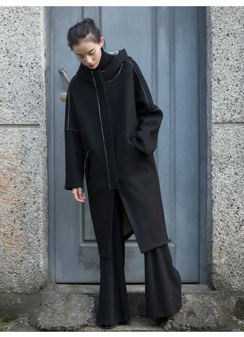 XITAO Casual Patchwork Hooded Collar Blends Women Winter Tide Fashion Elegant New Style Loose Long Sleeve Blends Coat GCC3105