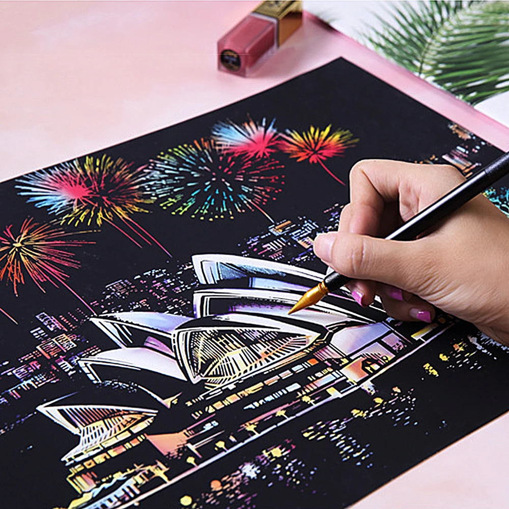 

Creative DIY Scratching Painting Postcard Famous Buildings Fireworks Scratch Picture Scraper Tools Home Decor Birthday Gift @