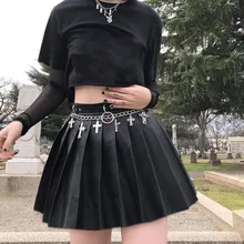 Focal20 Streetwear Chain Solid Color Pleated Women PU Skirt Shift Above Knee Female Skirts Casual Spring Summer PU Lady Bottoms