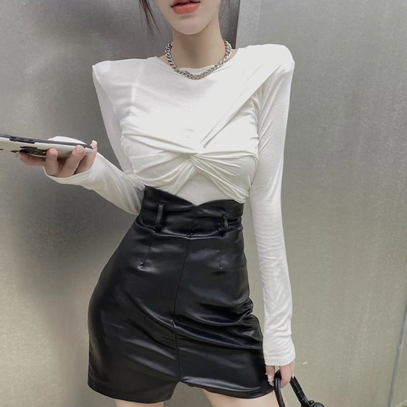 GALCAUR Korean T Shirt For Women O Neck Long Sleeve Cross Ruched Slim Knitting Oversized T Shirts Female 2020 New Autumn Clothes