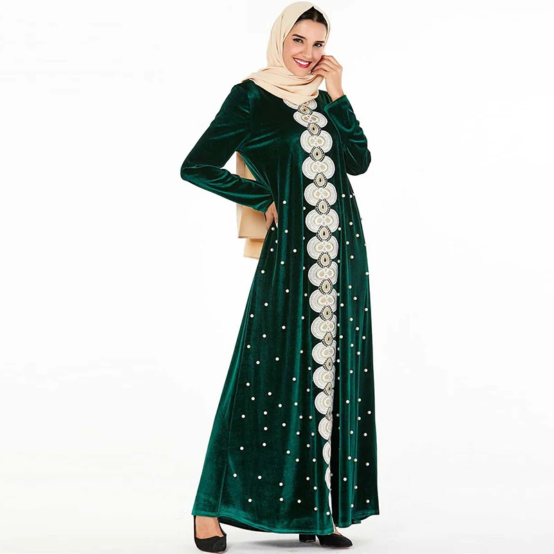 Мусульманское платье зеленый бархат abaya Дубай турецкий хиджаб платья Кафтан Восточный халат из марокена хиджаб исламский одежда для женщин Kleding