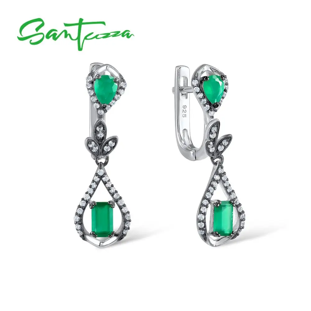 

SANTUZZA 925 Sterling Silver Drop Earrings Octagon Dyed Green Agate Round White Cubic Zirconia For Women Wedding Fine Jewelry
