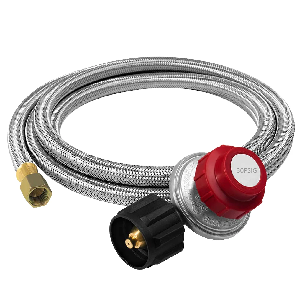 Stainless Braided Adjustable Propane Regulator W/ 4ft Hose QCC1/Type 1, fits most gas grill, propane smoker, fire pit