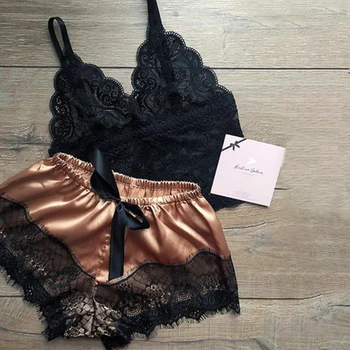 

Women Soft Lingerie Camisole Gift Bowknot Lace Trim V Neck Sleepwear Set Lightweight Comfortable Summer Sexy Spandex